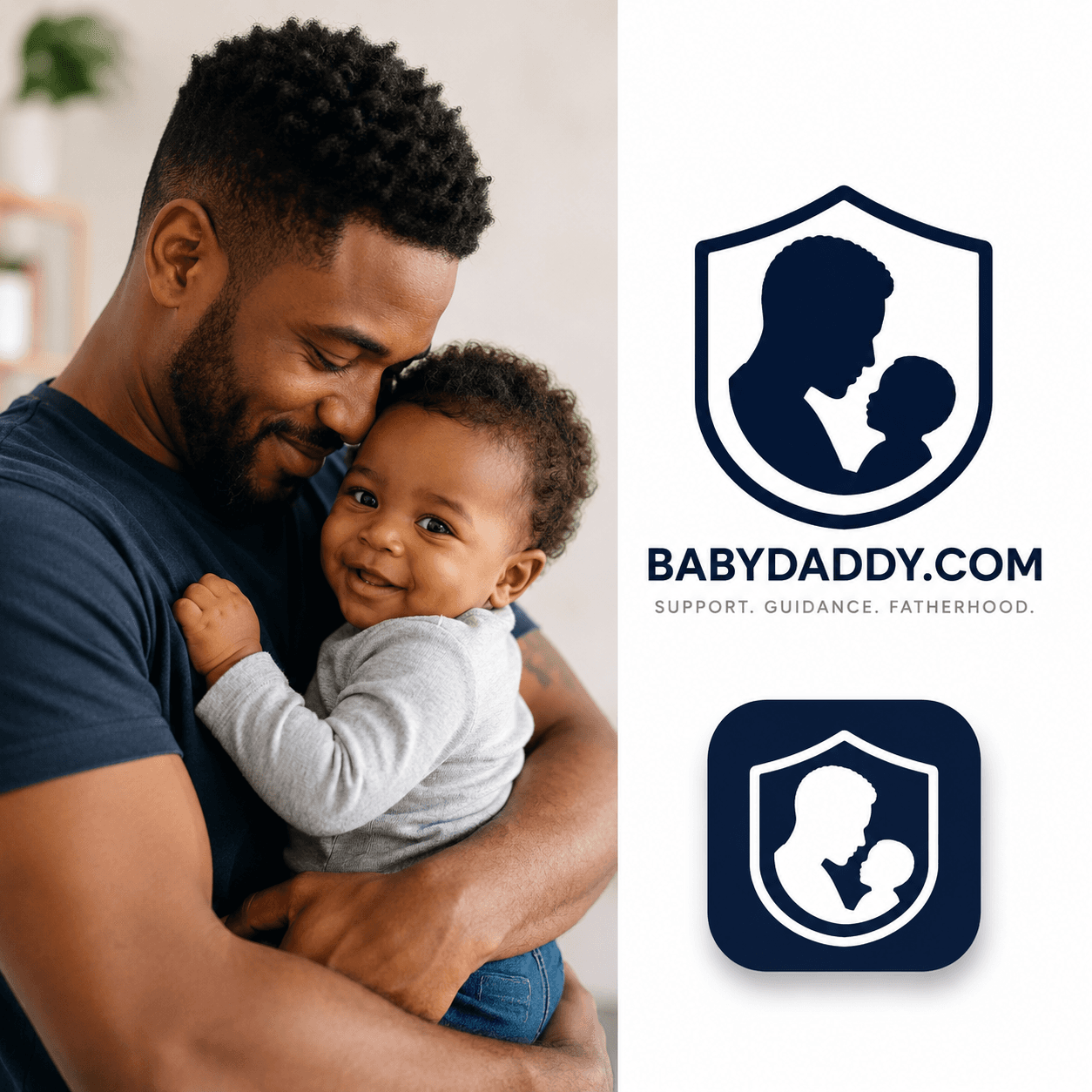 Father holding a child beside the babbydaddy.com brand mark